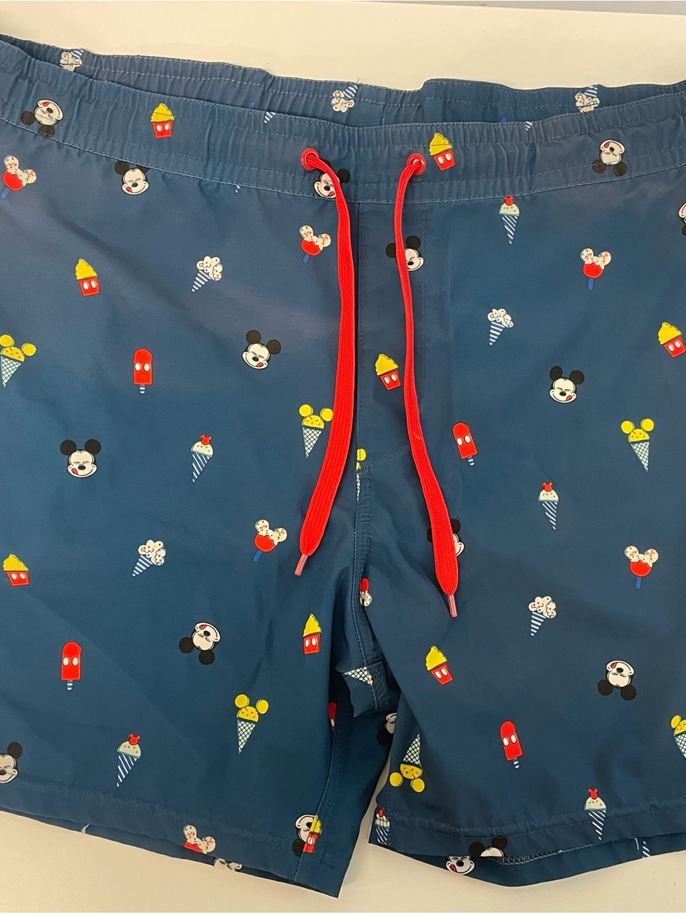 Disney Blue Swim Trunks with Red Drawstring and Character Ice Cream Print